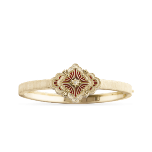 OPERA TULLE YELLOW GOLD BANGLE BRACELET WITH RED ENAMEL BACKGROUND