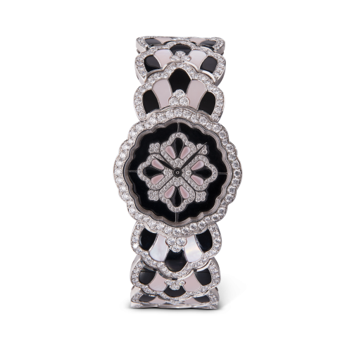 TULLE WHITE GOLD WATCH IN ONYX AND PINK MOTHER OF PEARL WITH DIAMONDS